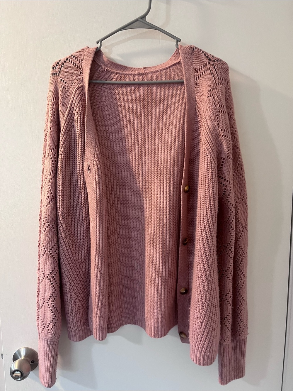 Open-Front Dusty Rose Knit Cardigan Sweater